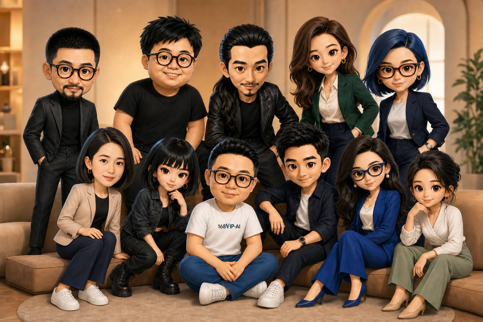 168VIP-AI TUP哥與十位 AI 員工，共 11 人 Q 版合照（秋版沙發）