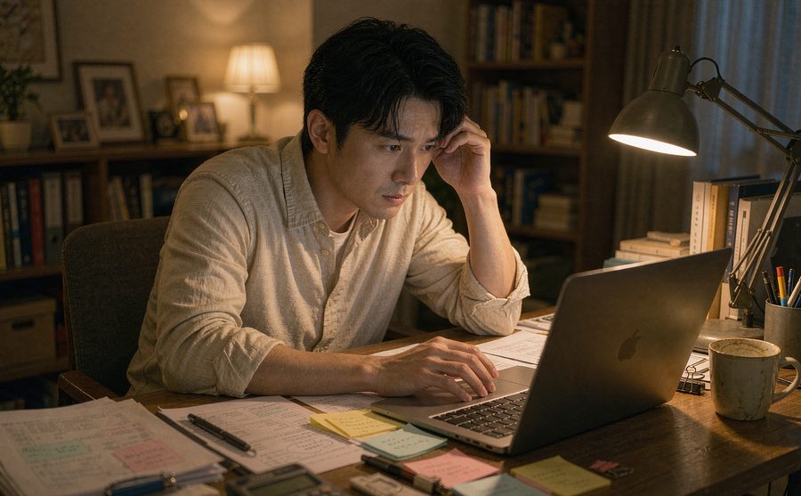 一人公司經營者在雜亂的書桌前盯著螢幕